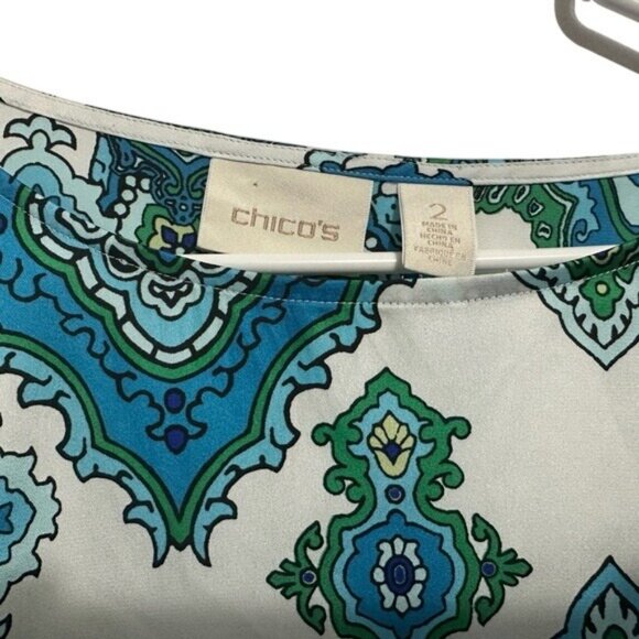 Chicos Womens Size 2 Green & Blue Geometric Print Poncho Style Top Polyester Ble - Picture 3 of 4